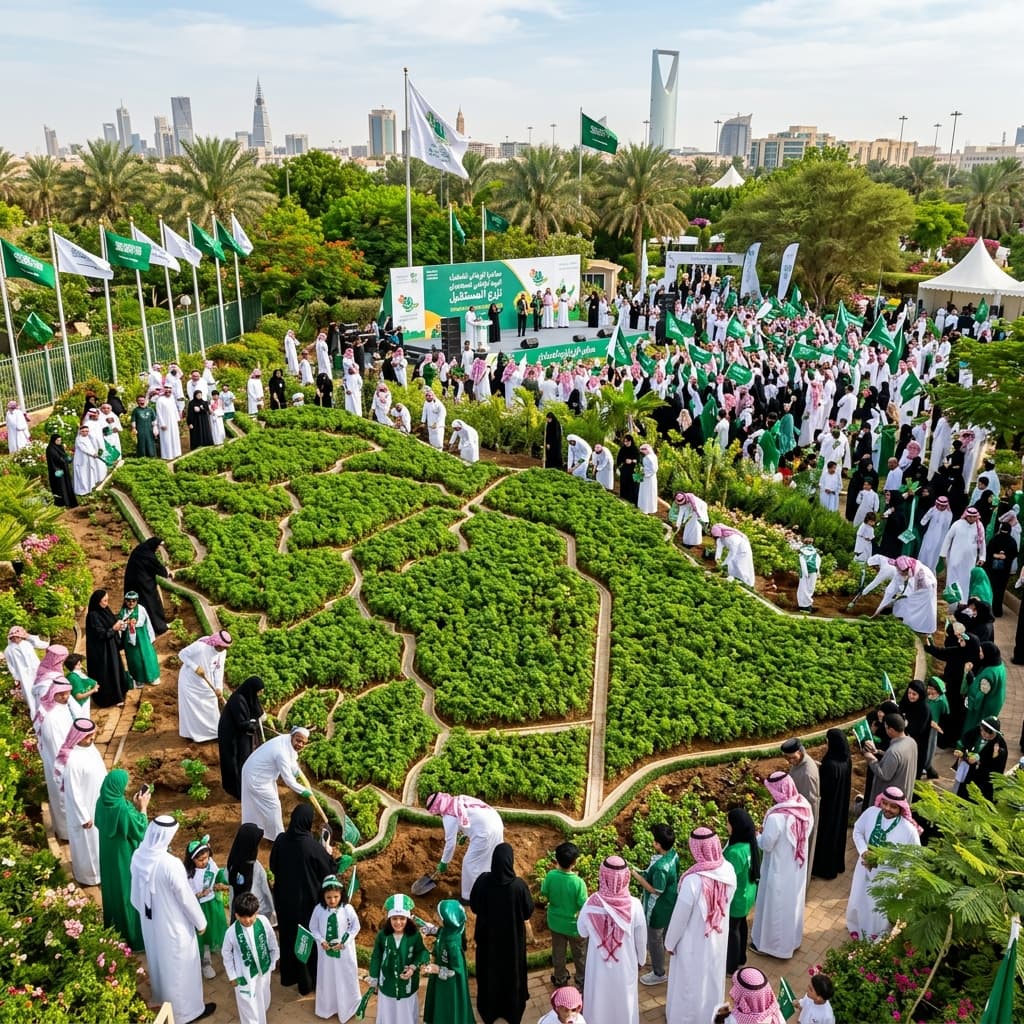 الرياض الخضراء يحتفل باليوم الوطني بزراعة خريطة المملكة بمشاركة أهالي المدينة